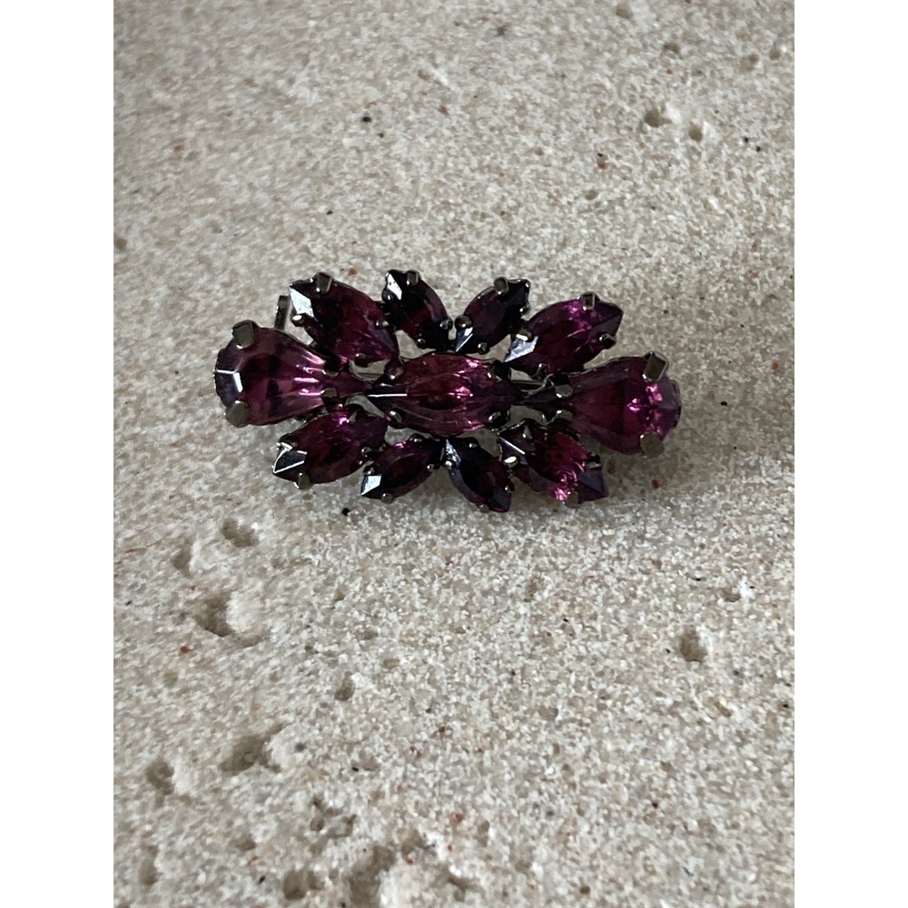 Dark Romantic Purple Rhinestone Brooch Navette Cluster Gunmetal Tone Small